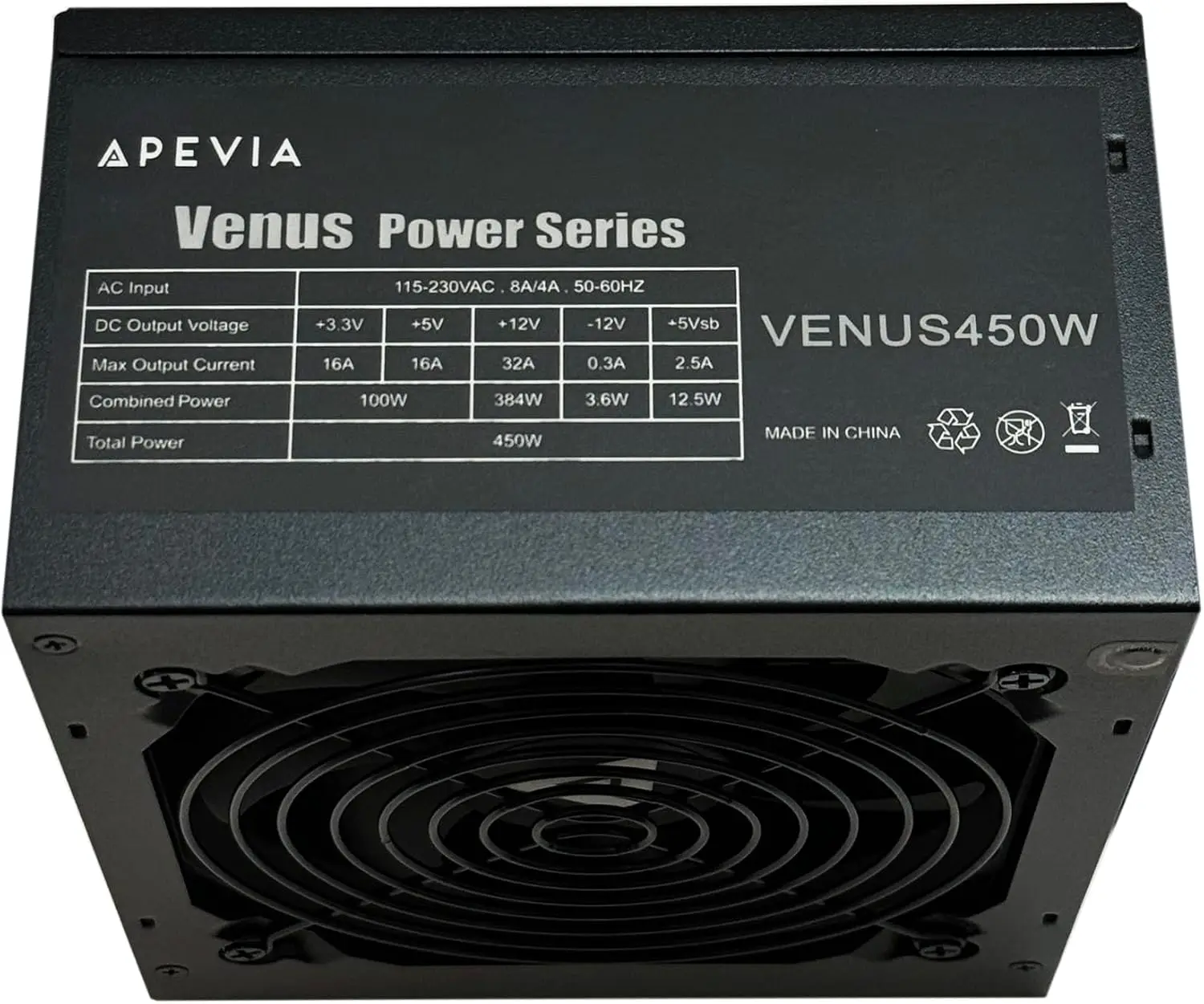 Fonte de alimentação ATX VENUS450W 450W com ventilador de 120 mm com controle térmico automático, interruptor 115/230V, todas as proteções