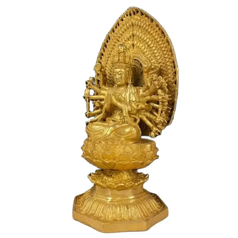 Exquisitely crafted copper Buddha statue for lotus shaped Guanyin decoration, brass gilded backlit Thousand Handed Guanyin home