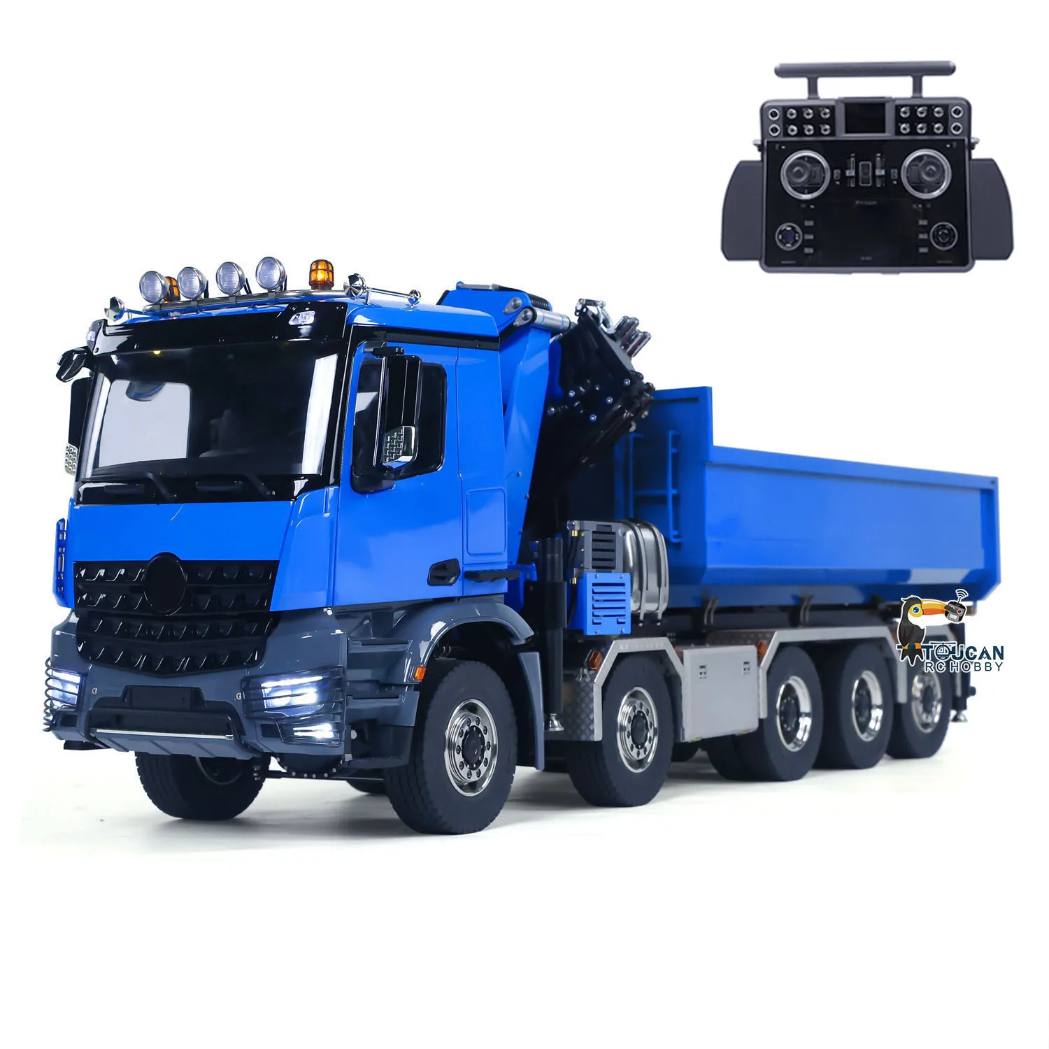 Camión volquete de grúa de Metal hidráulica 10x10 RC 1/14, modelo de coche volquete completo, eje trasero de elevación, cubo en forma de U con sonido ligero TH23566