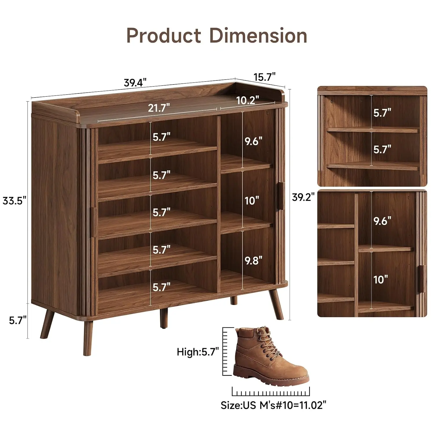 Shoe Cabinet with Sliding Door, 5-Tier Hidden Shoe Rack Walnut | Wood Shoes Storage Organizer with Adjustable, Customized