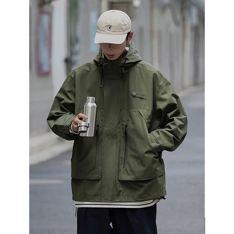 

Solid Color Men Large Pocket Zipper Hooded Jacket Japanese Retro Fashion Streetwear Loose Sport Gulf Coat for Male