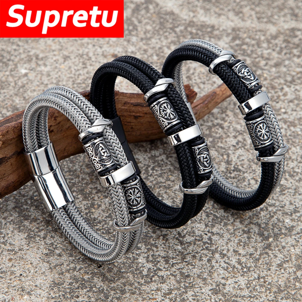 الفايكنج الرونية طبقة مزدوجة سوار للرجال أسلاك الفولاذ المقاوم للصدأ حبل نورس Triquetra الإسورة خمر الهدايا والمجوهرات الاسكندنافية