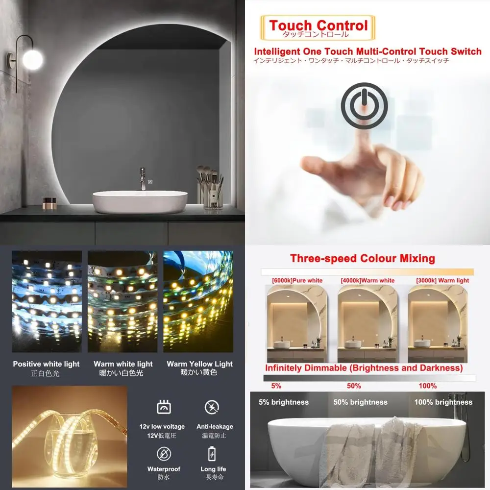 กระจกห้องน้ำ LED ทรงครึ่งวงกลมแบบติดผนัง ดีไซน์ไร้กรอบ กระจกแต่งหน้า กระจกอัจฉริยะแบบสัมผัส และไฟสามสี