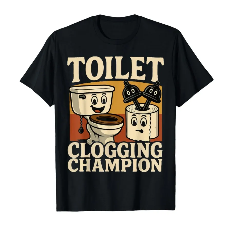 

Retro T-shirt, bathroom and toilet blockage Meme pattern printed short-sleeved men's 100% cotton fashionable casual T-shirt