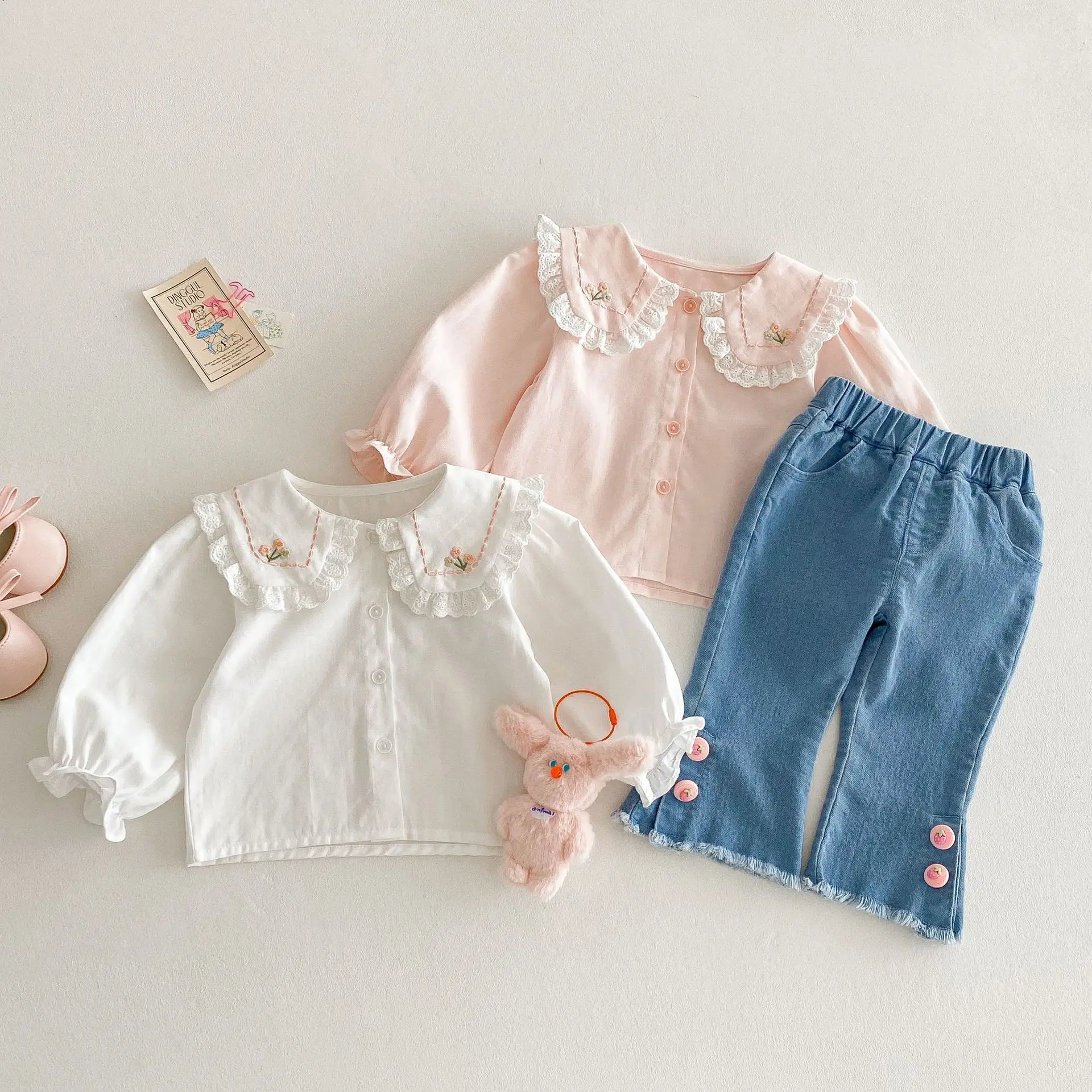 

Embroidery Lace Lapel Collar Long Sleeve Tees 1-5Y Baby Girls Spring Fall Versatile Soft Blouses Kids Girls Cute T-shirt