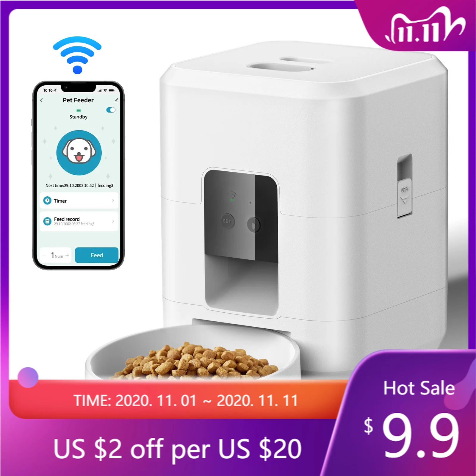 

Pet Smart Eco-Friendly Automatic Cat and Dog Feeder with Remote Timing Quantitative Feeding Wi-Fi Enabled