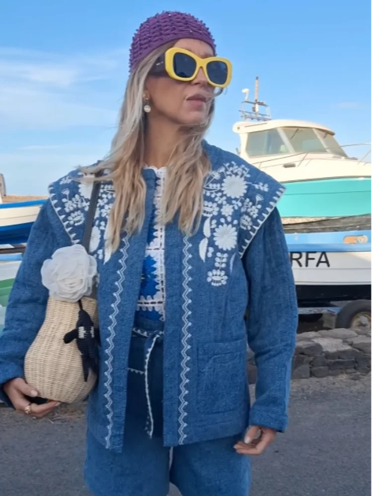 Abrigo con estampado de flores para mujer, chaqueta elegante de manga larga con cuello redondo y bolsillos, ropa de calle que combina con todo 2024