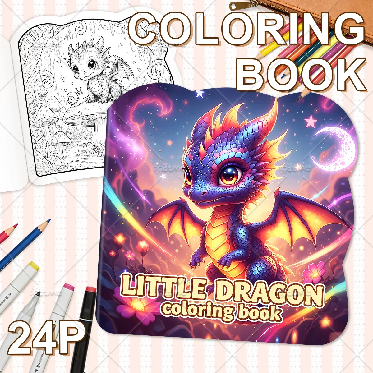 LITTLE DRAGON Coloring Book for Adults Cute Fantasy Dragon & Magical Scenes Stress Relief Relax DIY Drawing Activity Book