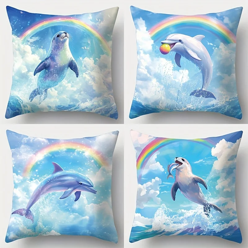 

Набор из 4 шт., наволочка с принтом. Содержит маленький кит, маленький морской лев, кожаный шар и другие узоры. Подходит для декора комнаты.