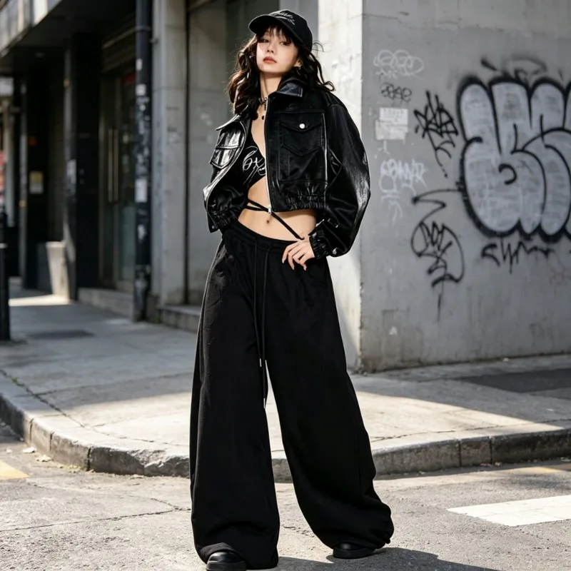 Ladies Spring Autumn Solid Drawstring Wide Leg Pants Fashion New Streetwear Casual Sport Trousers Elastic Waist Daily Bottoms