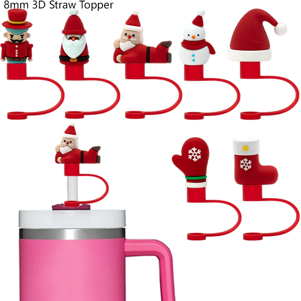 1-7PCS 3D Christmas Series Straw Cover Cap Accessories,Cute Santa Claus Straw Topper,8mm Dustproof Straw Cap Christmas Gifts