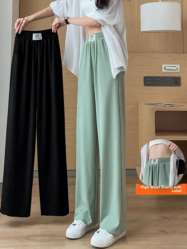 

Elastic Waist Wide Leg Pants Women Summer Thin New Ice Silk Drape Casual Straight Floor-Length Pants Korean Sle High Waist ...