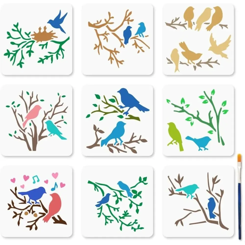 9 Pcs Birds Tree Branch Stencil Twigs Nests Stencils with Paint Brush 5.9×5.9inch Love Birds Tree Branches Animals making kit