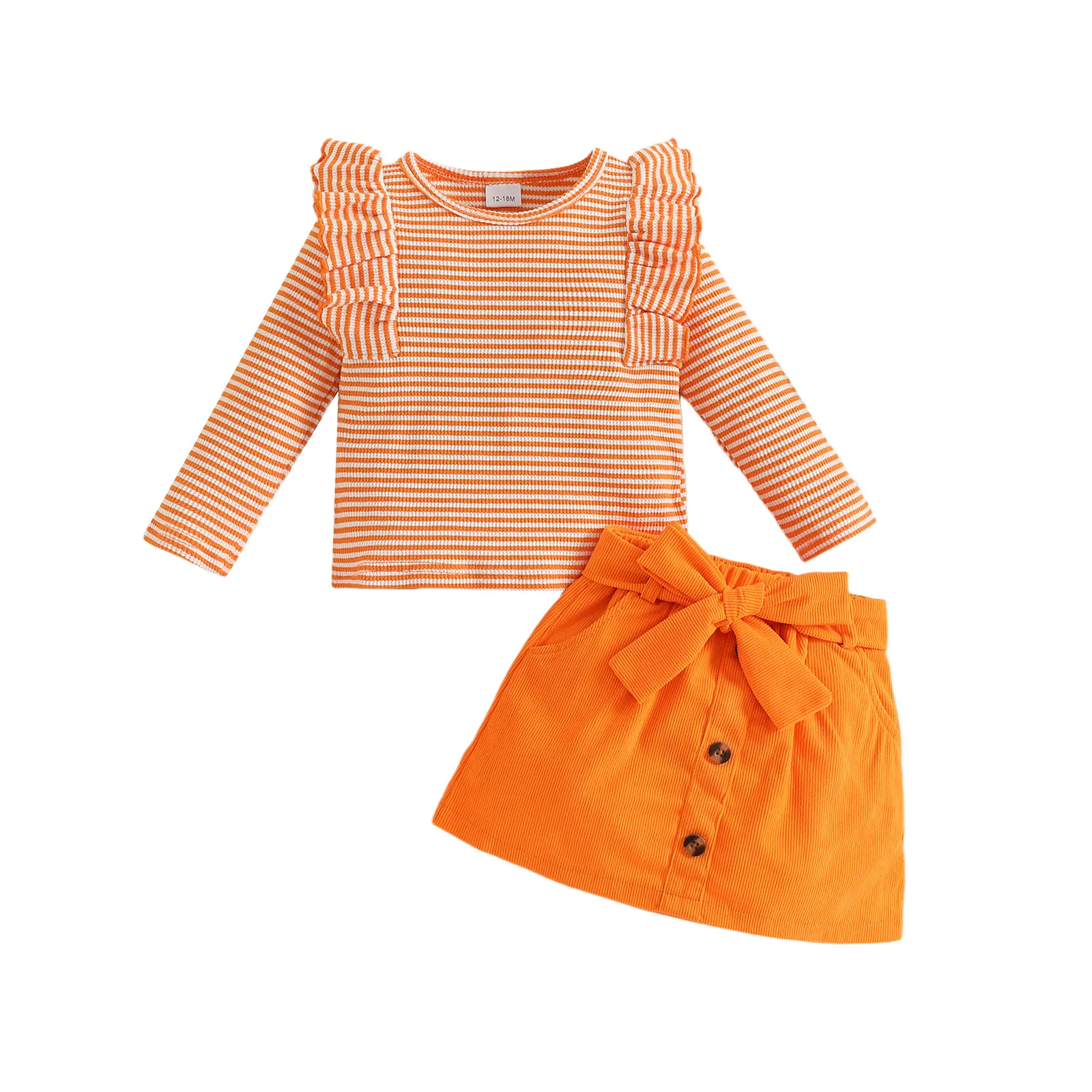 

1-5Y Kids Girls Fall Skirt Sets Ruffle Long Sleeve Striped T-shirt with Skirt and Belt Outfit for Casual Daily