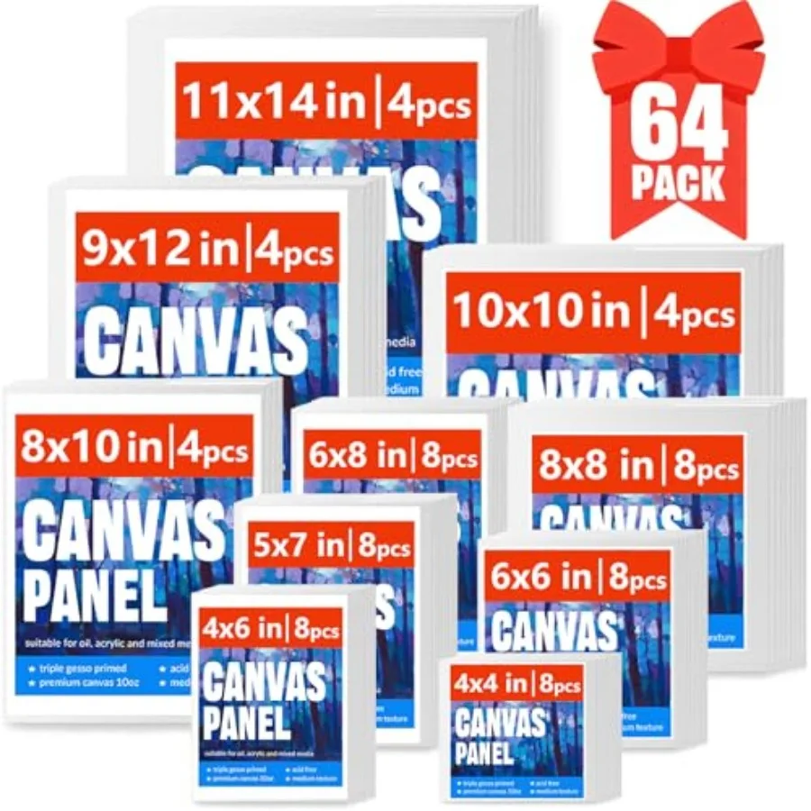 

Холсты для рисования, набор из 64 штук, разных размеров, художественные принадлежности для взрослых, детей и художников: 4x4, 4x6, 5x7, 6x6, 6x8, 8x8, 8x10, 10x10