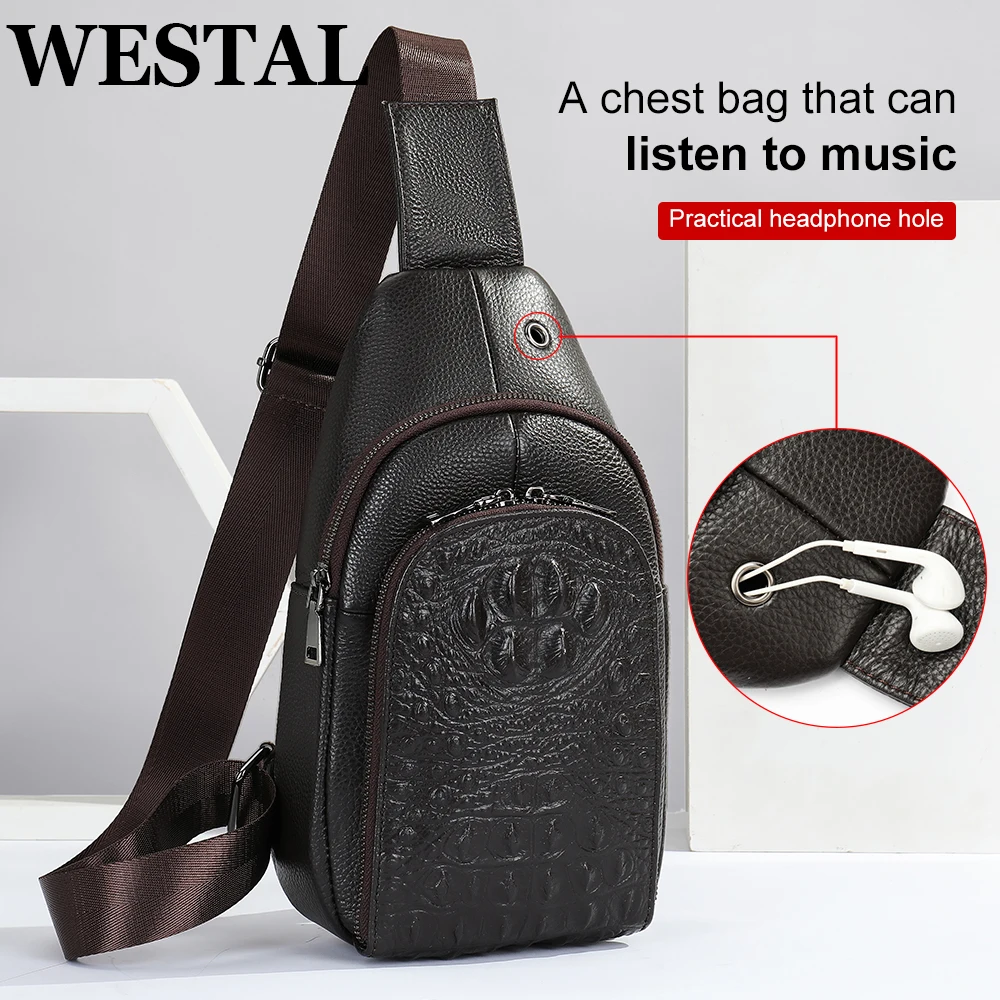 

WESTAL Chest Bags Genuine Leather Anti-Theft Sling Bag Croco Skin Business Travel Shoulder Crossbody Bag Men Clutch Purse Pocket