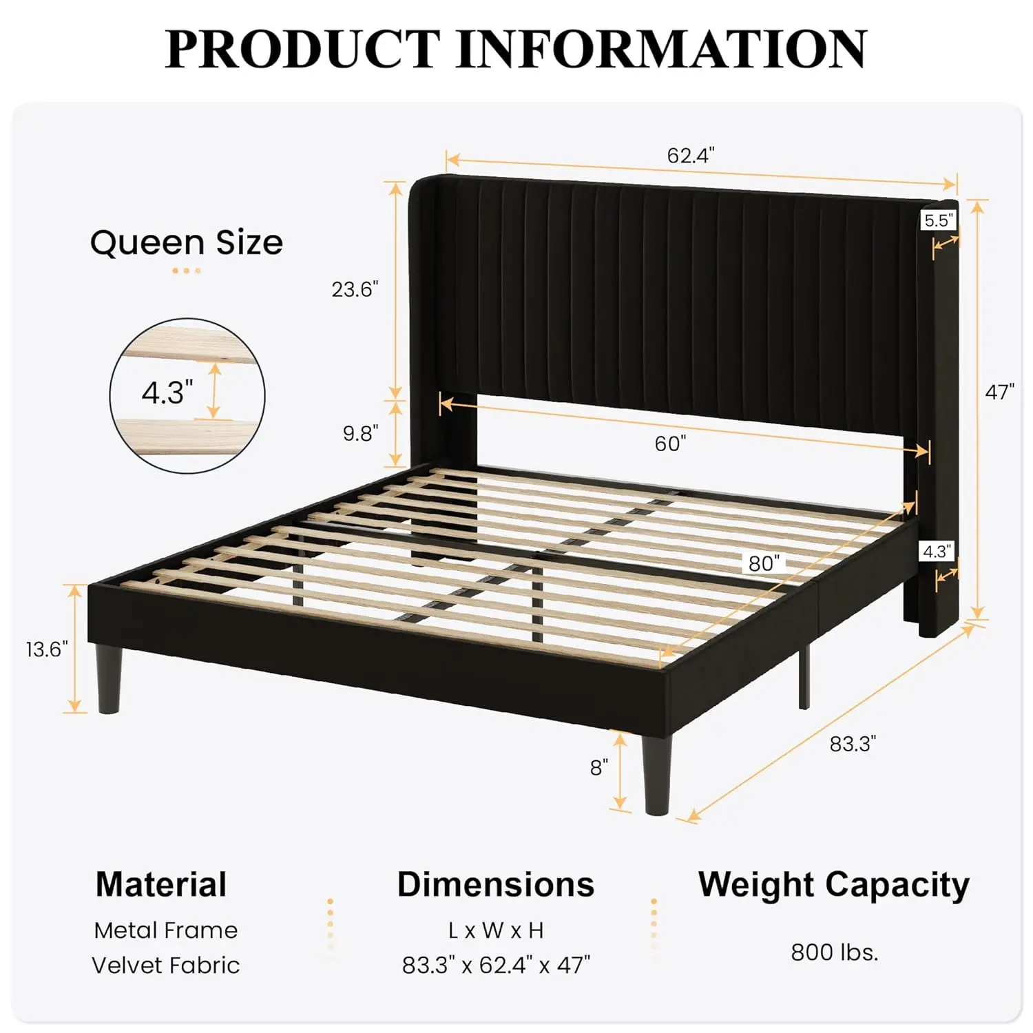 Velvet Platform Bed Queen Tufted Wingback Headboard 47'' Vertical Channel Wood Slats No Box Spring Easy Assembly, Customized