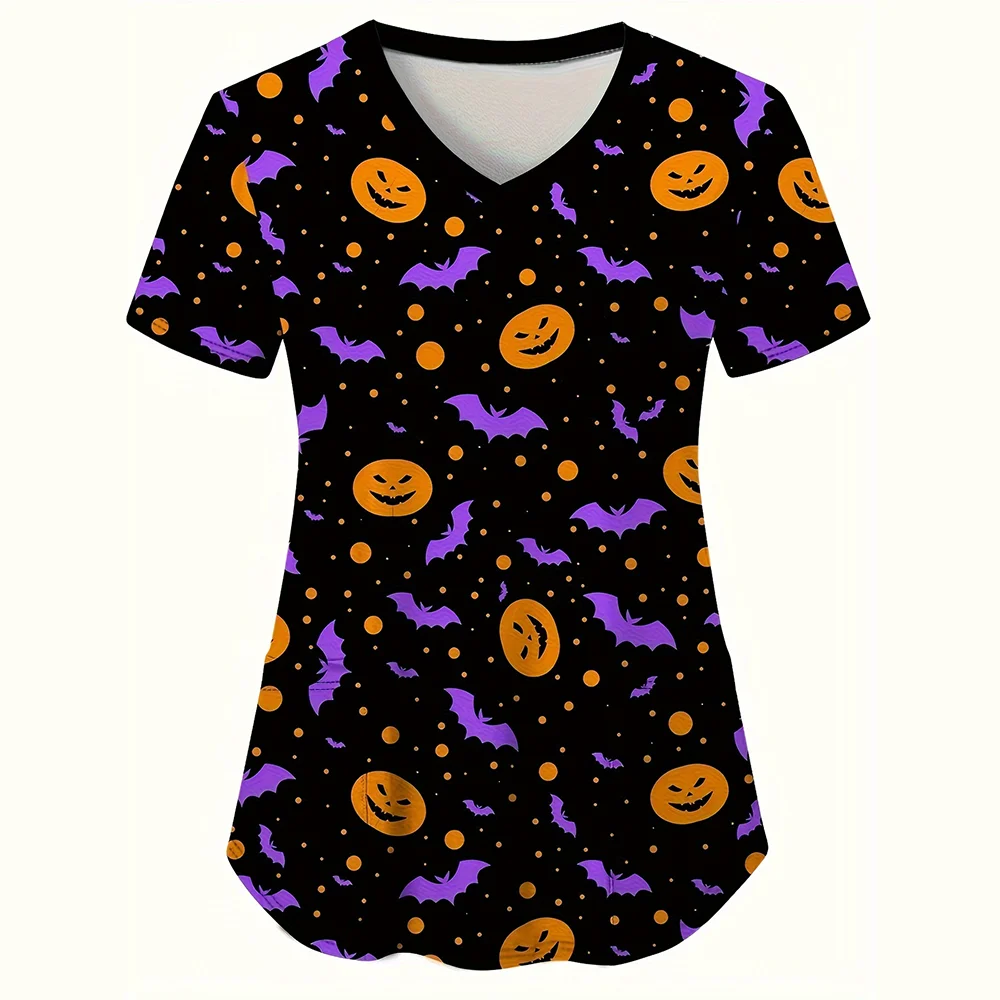 Halloween Nurse Uniform Woman Pumpkin Head Cartoon Print Health Care Nursing Tops V-Neck Short Sleeve Tee Uniforms Women Medical