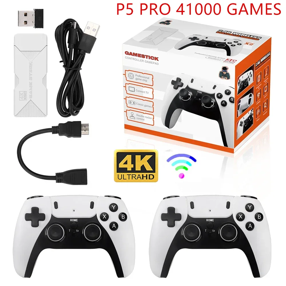 P5 PRO Konsola do gier wideo 2.4G Podwójny kontroler bezprzewodowy Game Stick 4K 41000 Gry 128 GB Gry retro Chłopiec Prezent świąteczny