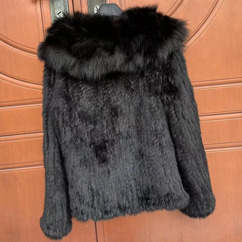 2023 New Women Knitted Real Rabbit Fur Coat With Real Fox Fur Collar Female Long Sleeve Autumn Luxury Genuine Rabbit Fur Jacket