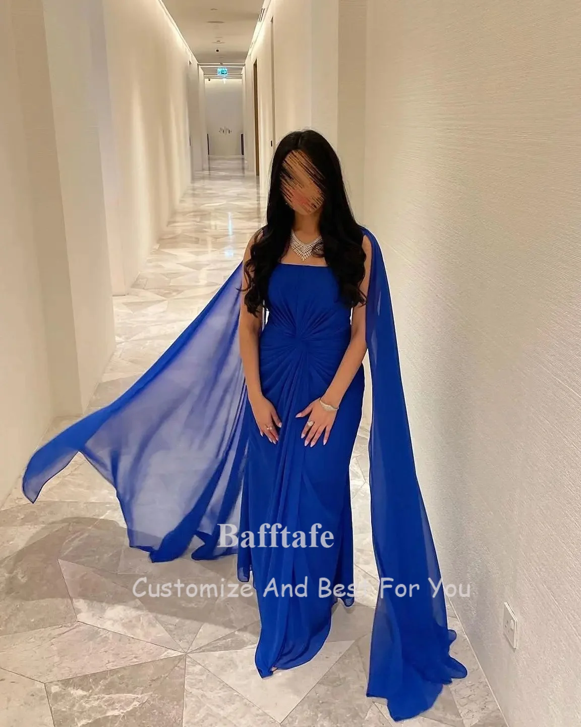 Bafftafe-Vestidos de Baile Azul Royal Chiffon para Mulheres, Comboio Longo de Ombro, Plissado, Vestidos Formais, Vestido Especial de Casamento