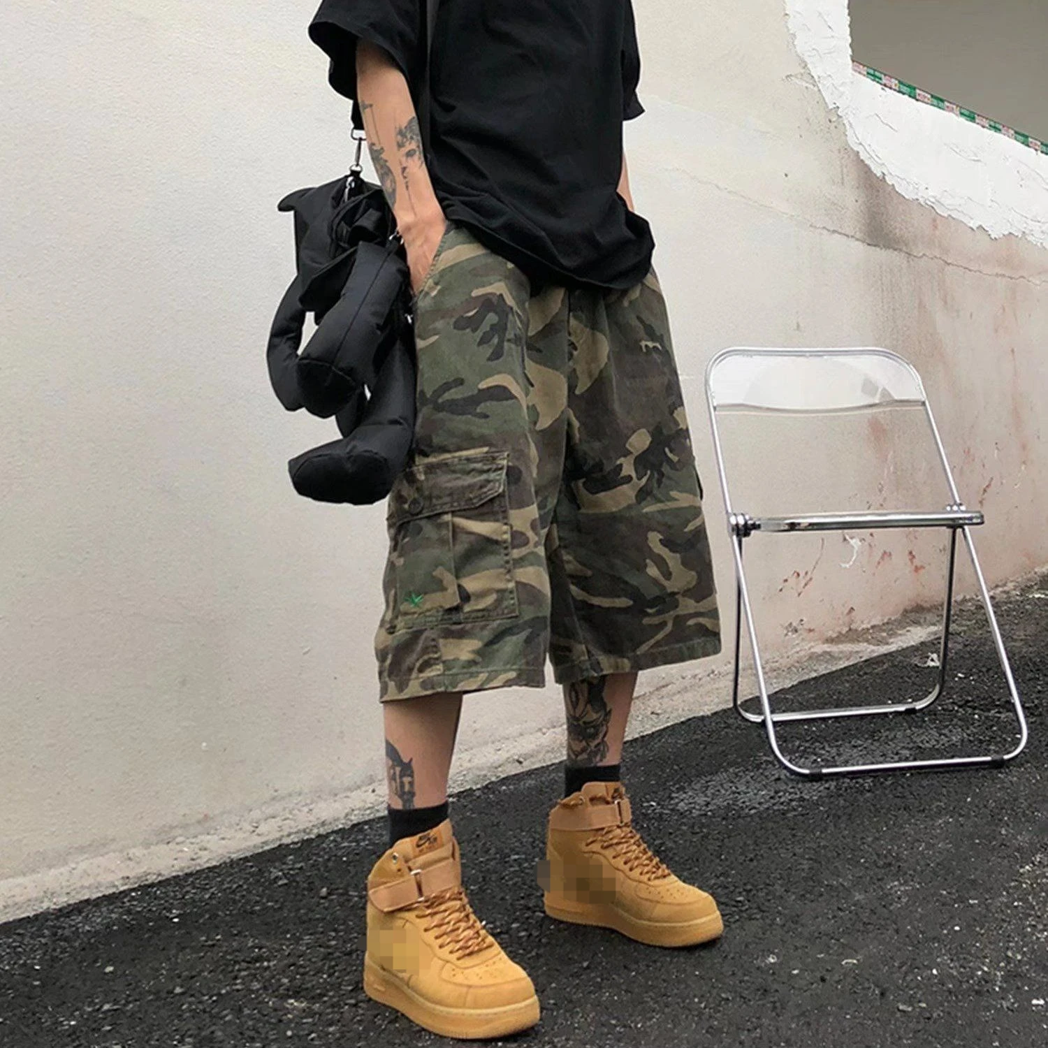 Shorts Men Clothing Loose Street Camouflage Wide-Leg Elastic Waist Casual Versatile Below The Knee Shorts Knee Length Summer