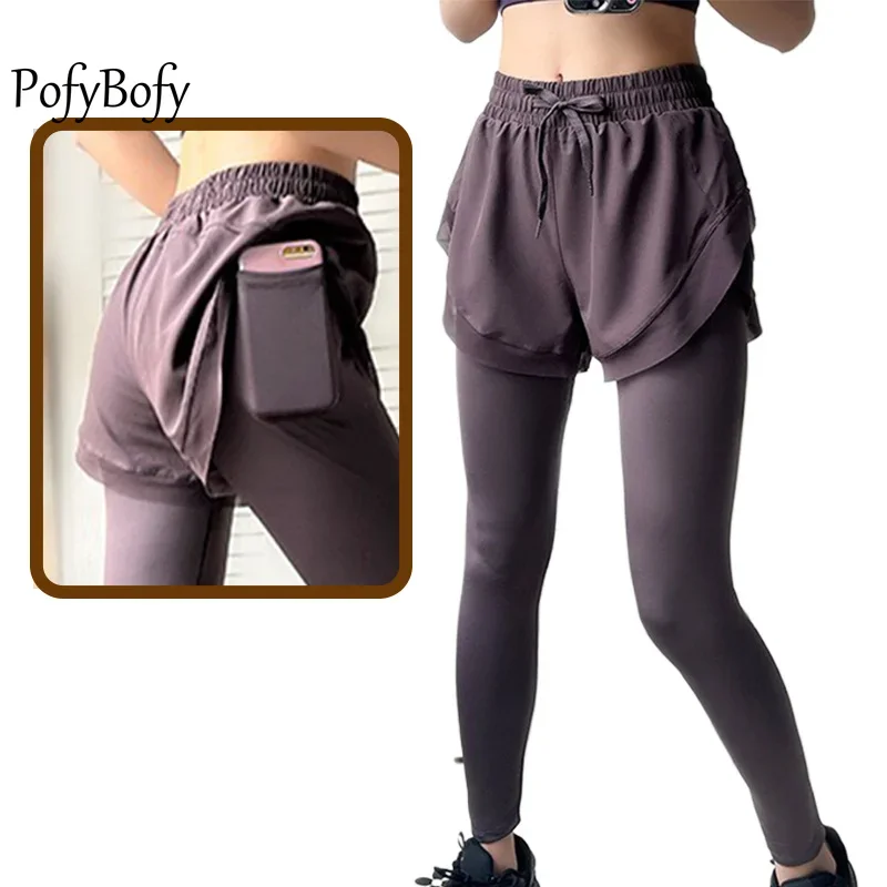 

PofyBofy Adjustable Drawstring Elastic Breathable Mesh Splicing Women Yoga Legging Short Fitness Pant Pocket Fake Two Piece