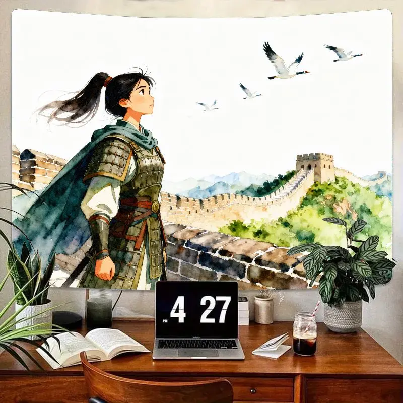 

1PC Chinese Warrior Girl Tapestry, Mulan-Inspired Great Wall Anime Wall Art, Aesthetic Room Decor Gift for History & Culture Fan