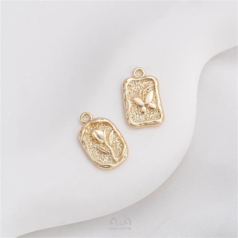 

14K Gold Preserved Color Irregular Rectangular Plaque Elliptical Plaque Relief Butterfly Rose Pendant Handmade Jewelry Pendant