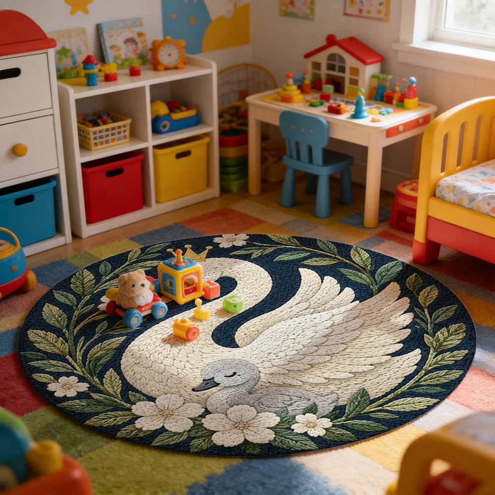 Elegant Swan and Goose Embroidery Round Area Rug for Living Room Nursery Boho Home Decor