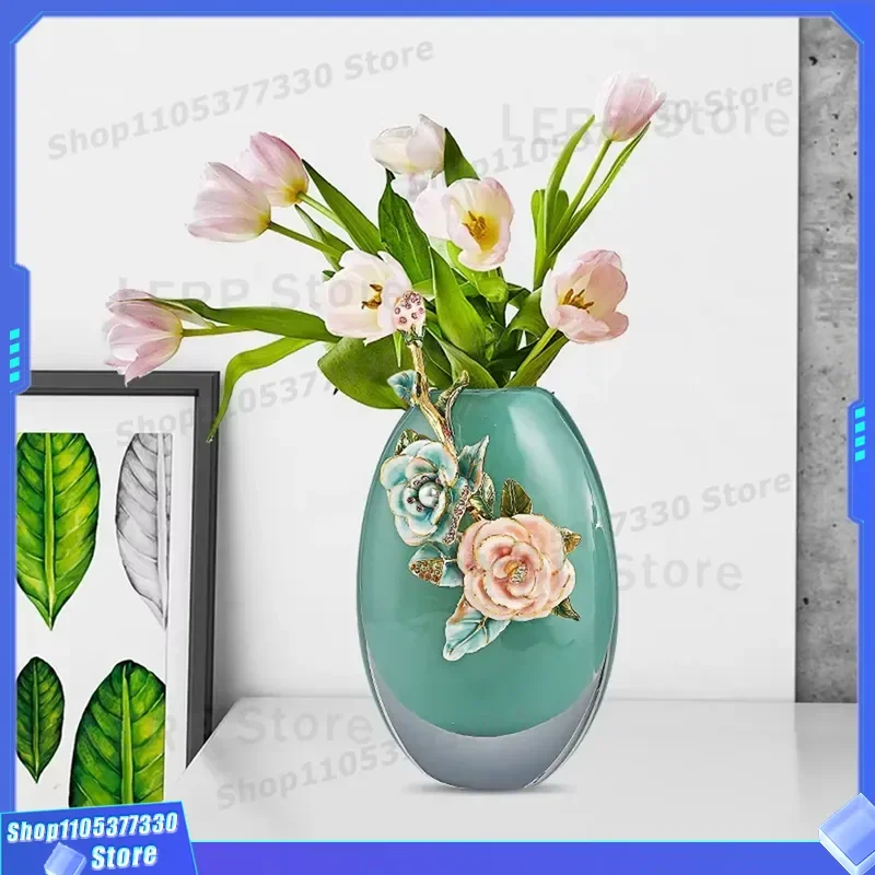 Mint Green Matte Enamel Camellia Glass Vase Luxury Home Decor for Living Room Bedroom Dining Table Villa Interior Design