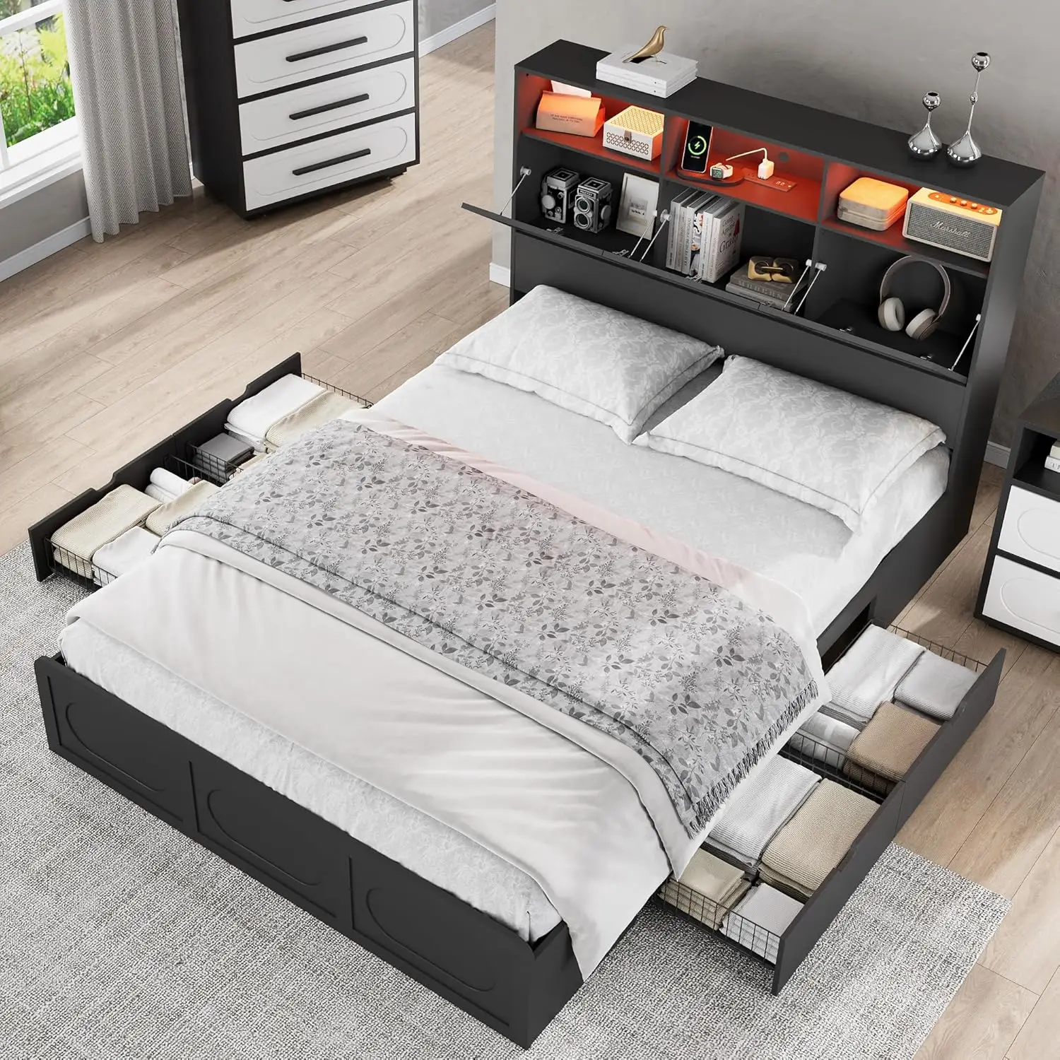 

Black Queen Size Bed Frame with 4 Storage Drawers, 48' Tall Storage Headboard with Charging Station, Platform Bed with LED Light