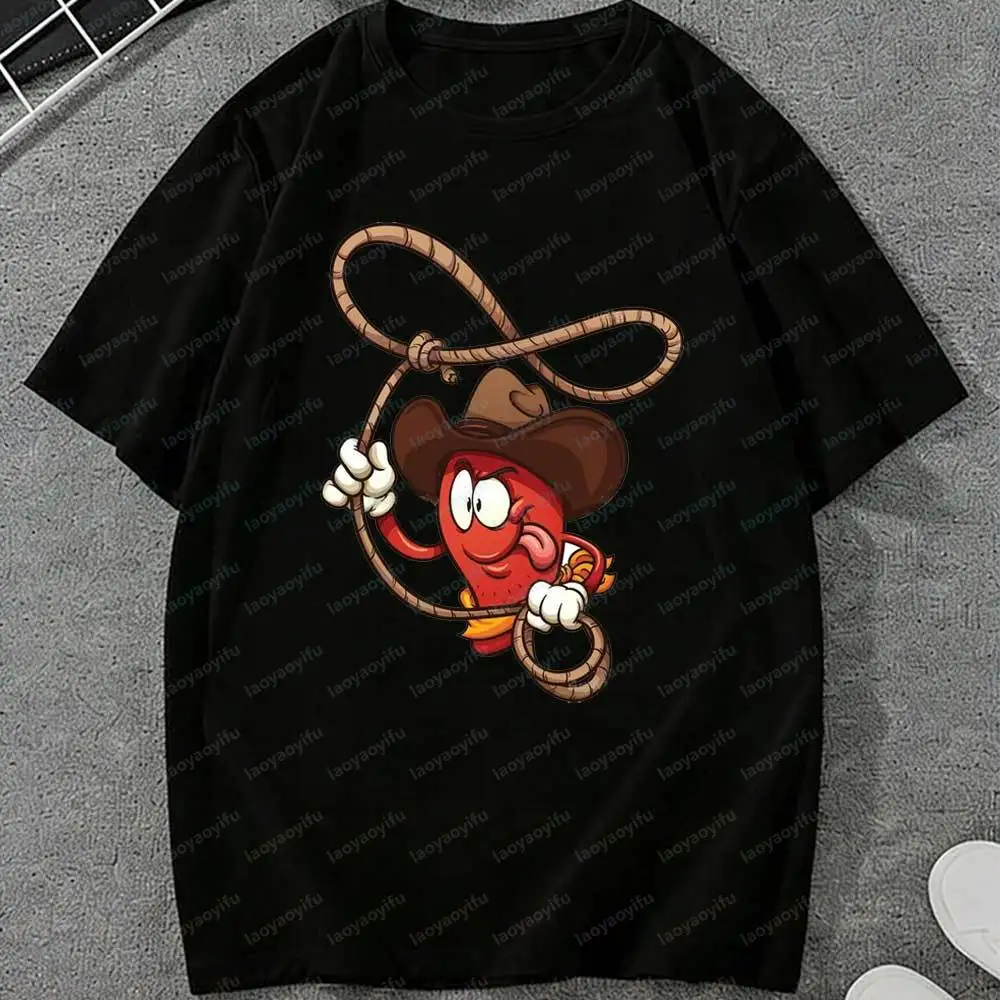 Cinco De Mayo Cowboy Chili Pepper T-Shirt - Western Rodeo Lasso Cartoon Graphic Tee Cotton Fiesta Party Casual Short Sleeve Tops