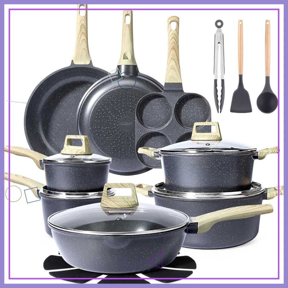 22Pcs Ceramic Pots and Pans Set Non Stick, PFAS PTFE PFOA PFOS Free, Dishwasher Safe Cookware Set, Dark Gray
