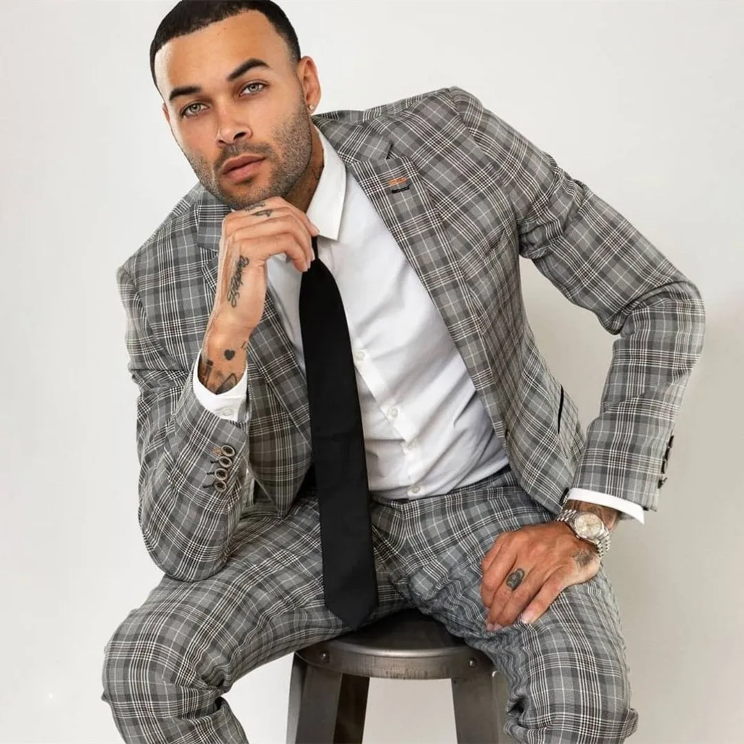 Gray Men Suits Tailor-Made 2 Pieces Blazer Pants Single Breasted Plaid Stripes Peaked Lapel Business Wedding Plus Size Tailored