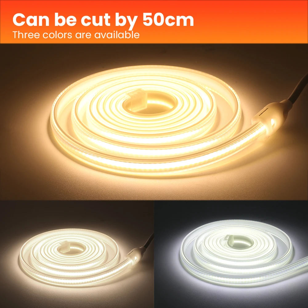 COB LED Strip AC 220V Waterproof 288Leds/M Warm/Natural/Cool White Garden Decor Flexible Ribbon Tape Light Strip