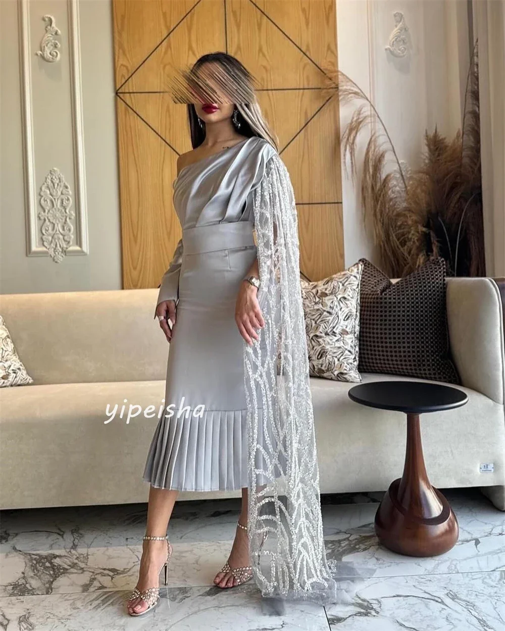 Customized Jersey Sequined Beading Ruched Prom A-line One-shoulder Bespoke Occasion Gown Midi Dresses