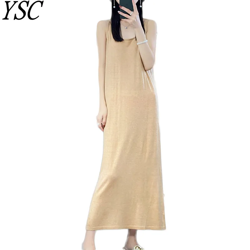 

YSC 2024 Women Knitted Wool sling Long Dress Sleeveless Solid color slim fit style high quality pleasantly ventilate Dress