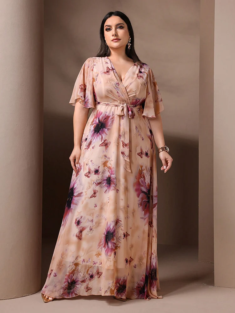 

TOLEEN 2024 Casual Short Ruffle Sleeve Belted Holiday Party Long Dresses Women's Plus Size Summer Elegant Floral Printed Dress