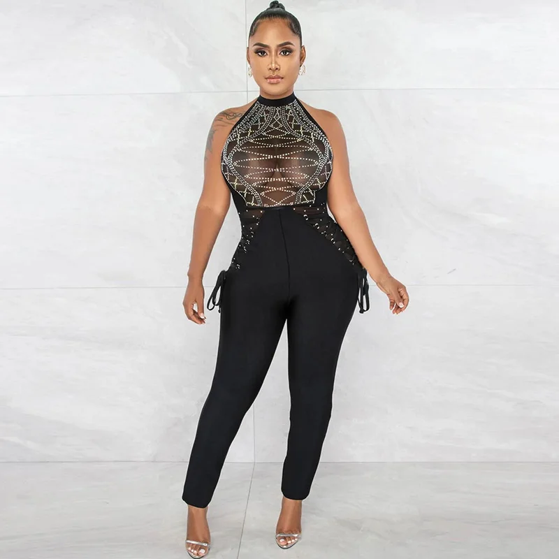 

Sexy Sheer Mesh Patchwork Jumpsuit Women Elegant Sparkly Rhinestone Diamond Bandage Rompers Evening Party Nightclub Jumpsuits