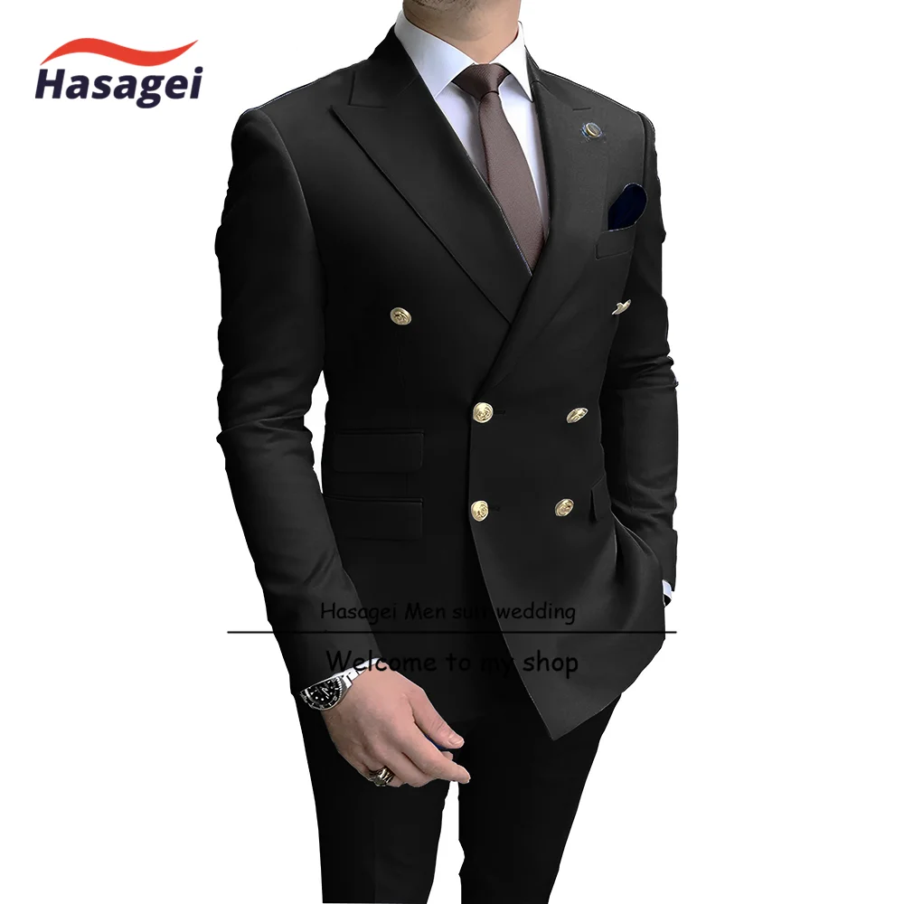 Navy Men Party Tuxedos 2 Pieces Latest Peak Lapel Men Suits Gold Buttons Fashion Style Suits Double Breasted