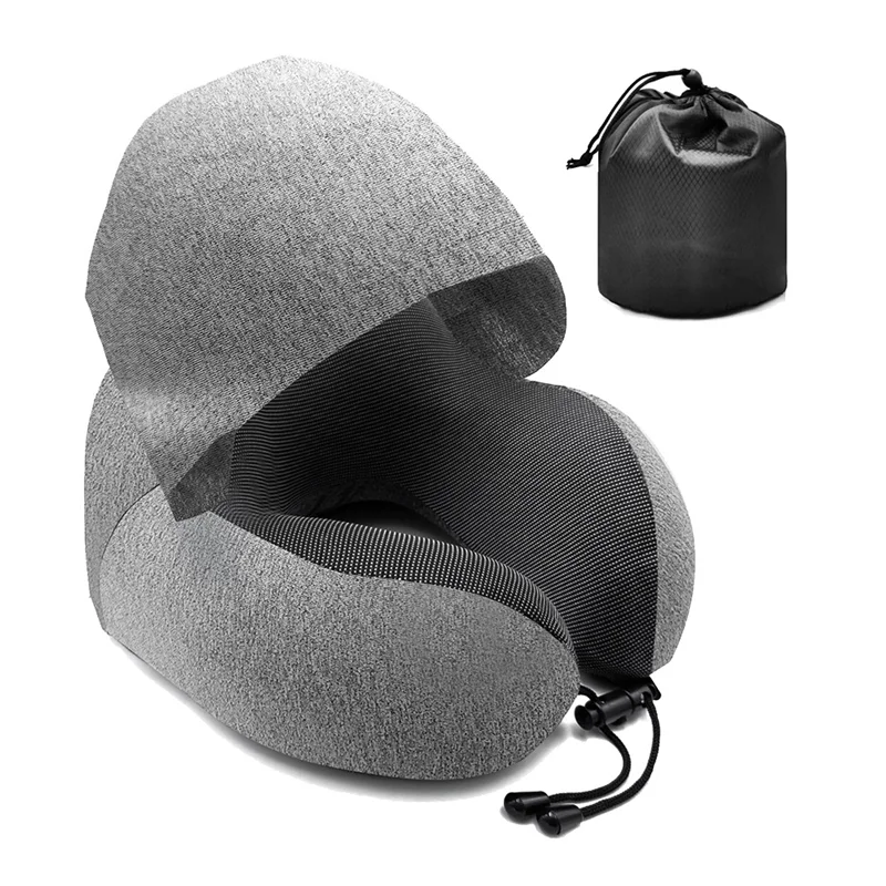 

Travel Pillow Hooded U-Shaped Pillow Cushion Office Airplane Head Rest Neck Pillow Noon Sleeping Pillows with Hat Grey