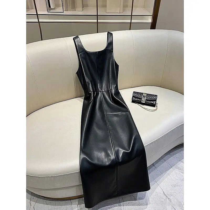 

2025 new sleeveless a-word dress new spring and autumn retro black suspender skirt PU leather thin strap skirt