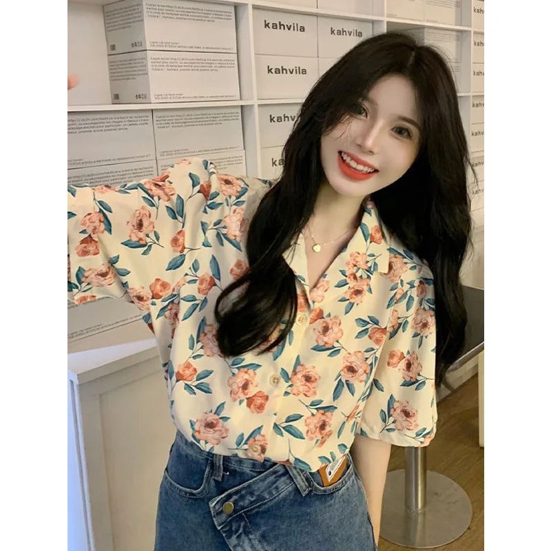 Summer New Chiffon Printing Blouse V Neck Short Sleeve All-match Loose Floral Shirt Tops Korean Elegant Fashion Women Clothing