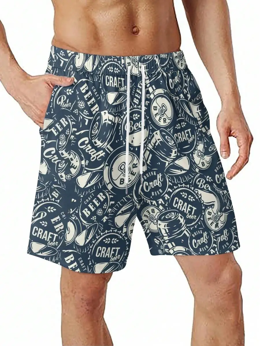 

Mens Dark Blue Retro Craft Beer Can And Bottle Cap Patterned Woven Beach Shorts Summer Casual Quick Dry