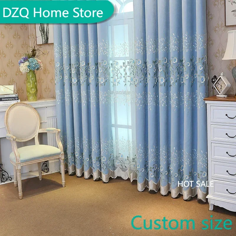 

European Classical Blue Curtains for Living Room Bedroom Luxury Cortina Embossed Premium Embroidery Shading Curtains Custom