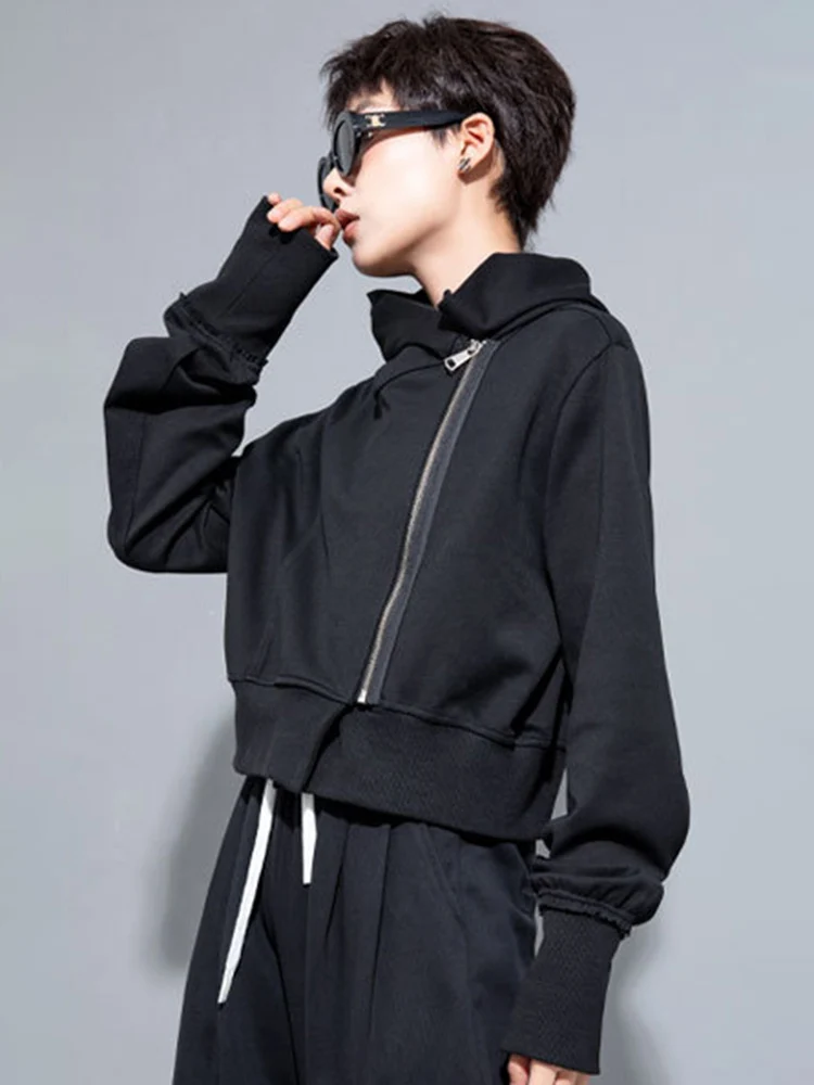 [EAM] Black Zipper Irregular Big Size Short Jacket New Hooded Long Sleeve Women Coat Fashion Tide Spring Autumn 2024 1DH7062