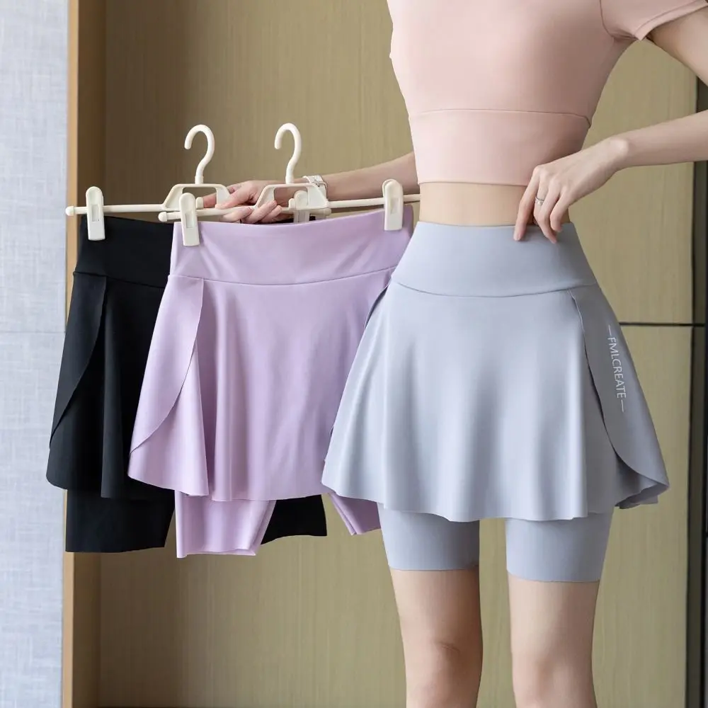 Elastic High Waist Yoga Skorts Quick-drying Anti-exposure Faux Two-piece Skirt Pants Built in Pockets Sport Running Shorts