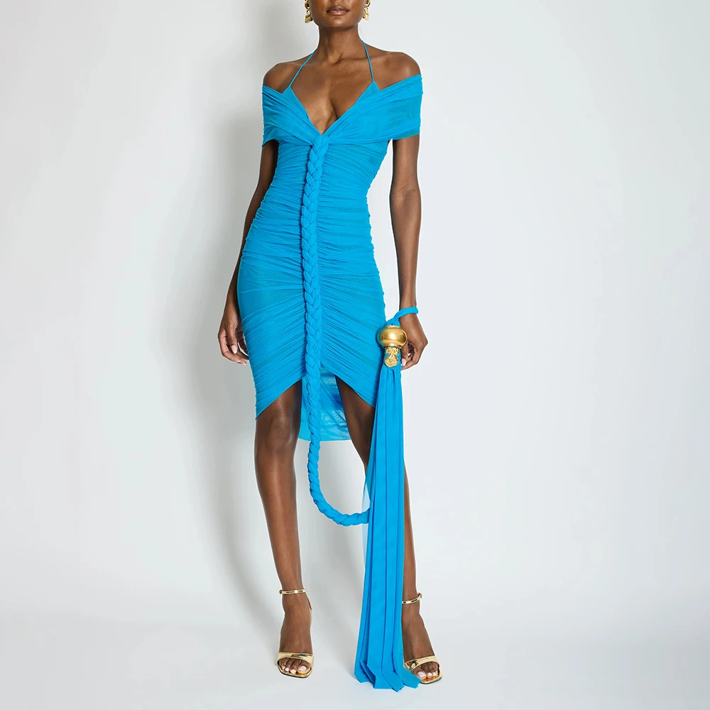 홀터넥 장식 로프 주름 미디 드레스 메쉬 브레이드 발레리나 넥라인 섹시 드레스 생일 파티 칵테일 이브닝용