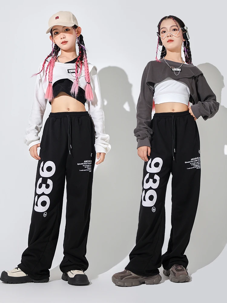 New Girls Jazz Dance Costume Long Sleeves Crop Tops Vest Black Sweatpants Hip Hop Practice Clothes Kids Performance Wear BL11623